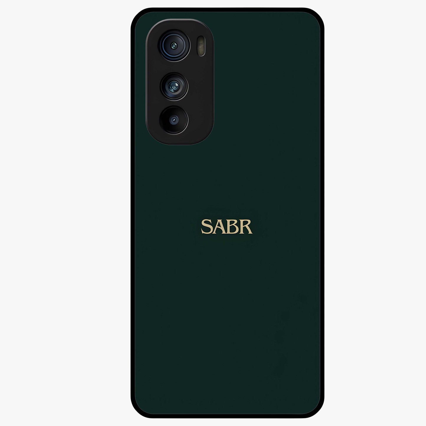 Sabr Minimal Patience Glass Case showing flat back view with minimalist typography artwork and glossy glass finish.