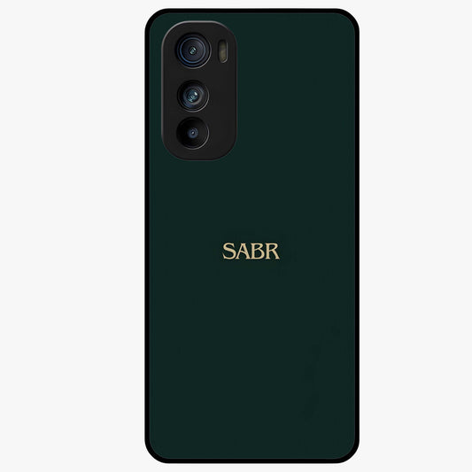 Sabr Minimal Patience Glass Case showing flat back view with minimalist typography artwork and glossy glass finish.
