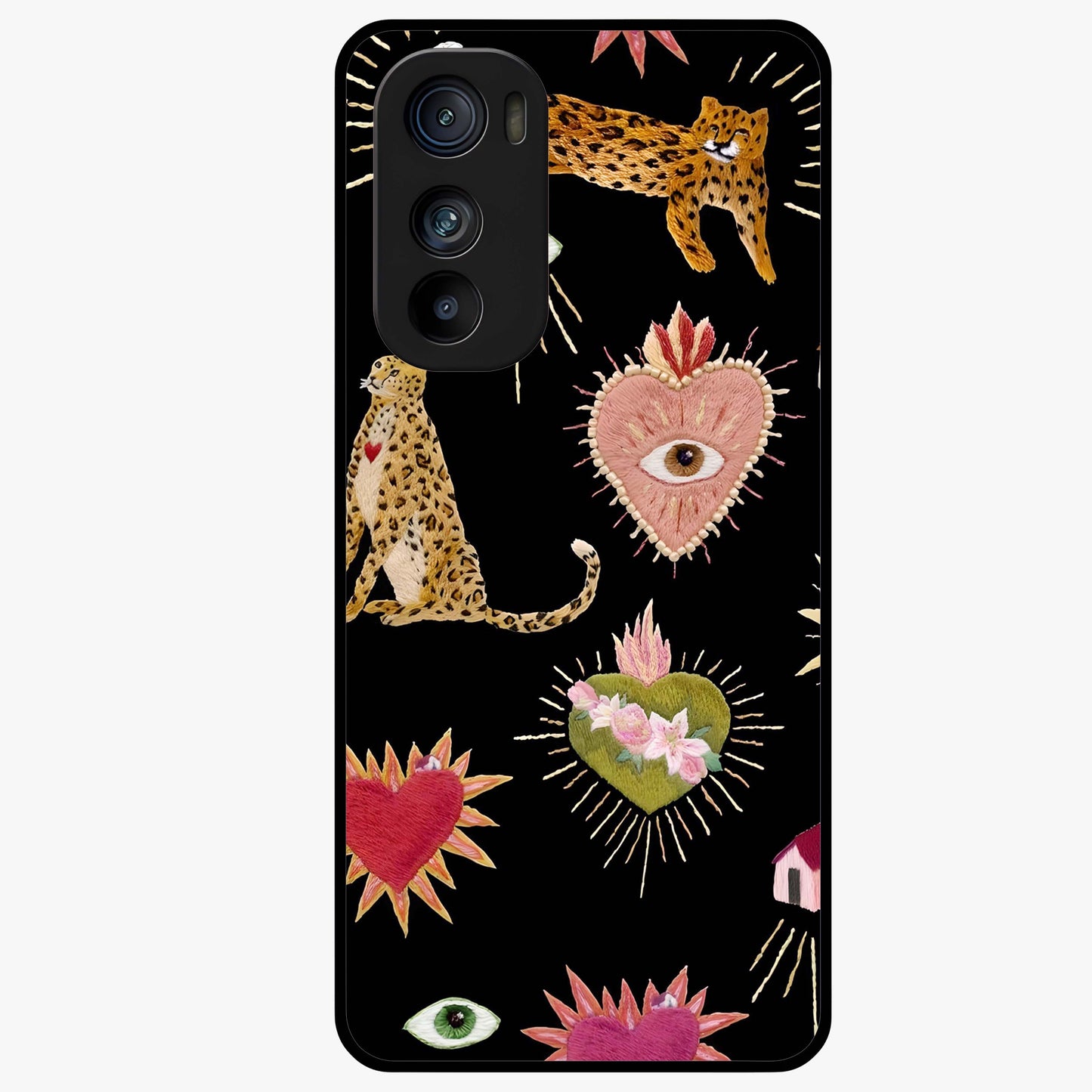 Sacred Jungle Heart Glass Case showing flat back view with jungle inspired heart artwork and glossy glass finish.