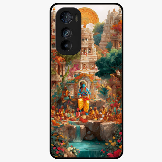 Sacred Sunlight Gods Glass Case showing flat back view with divine sunlight themed artwork and glossy glass finish.