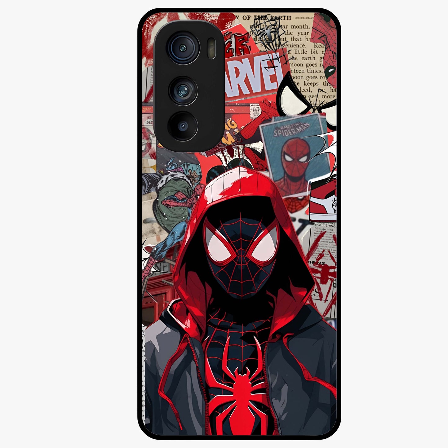 Spider Collage Street Glass Case showing flat back view with vibrant superhero collage artwork and glossy glass finish.
