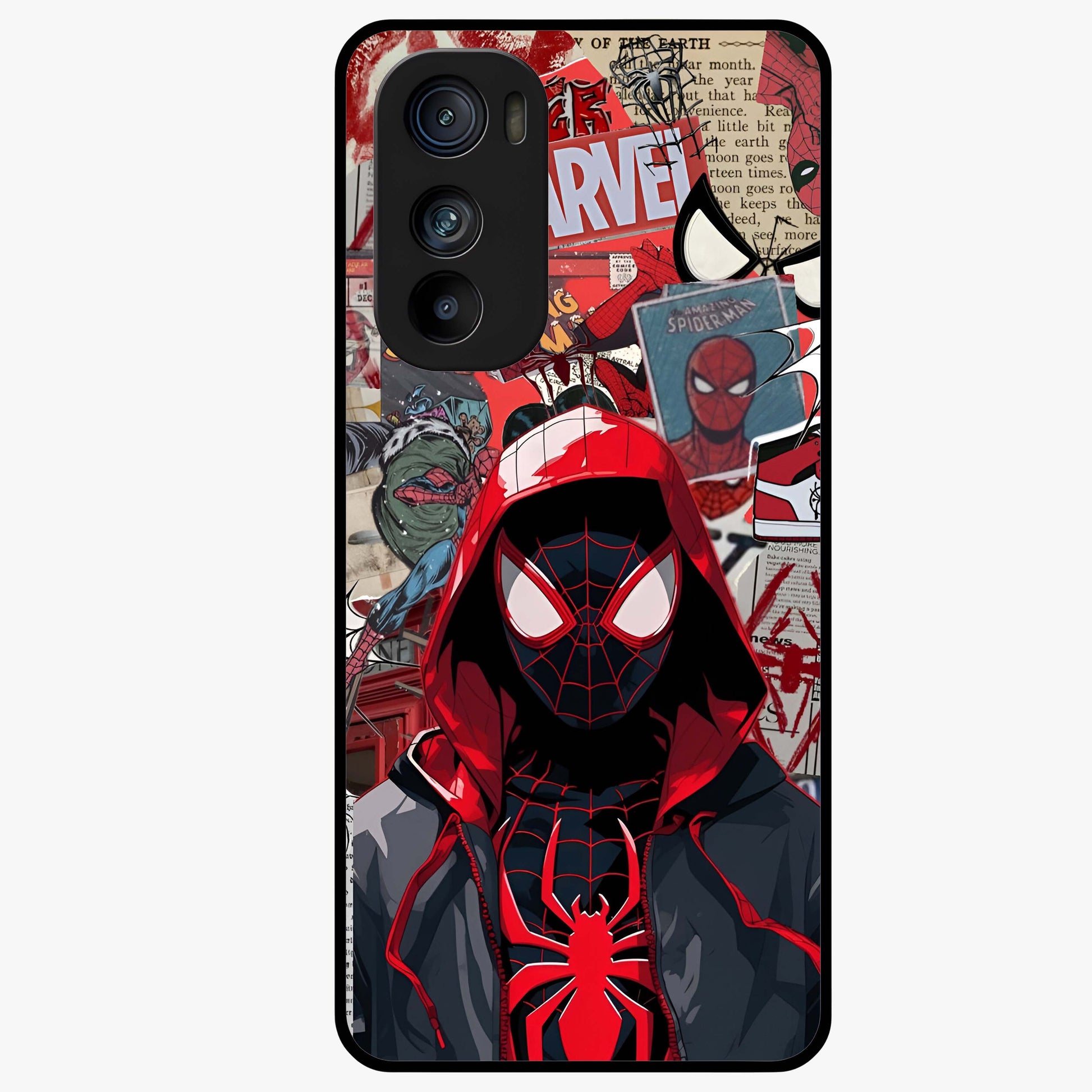 Spider Collage Street Glass Case showing flat back view with vibrant superhero collage artwork and glossy glass finish.
