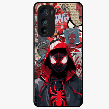 Spider Collage Street Glass Case showing flat back view with vibrant superhero collage artwork and glossy glass finish.
