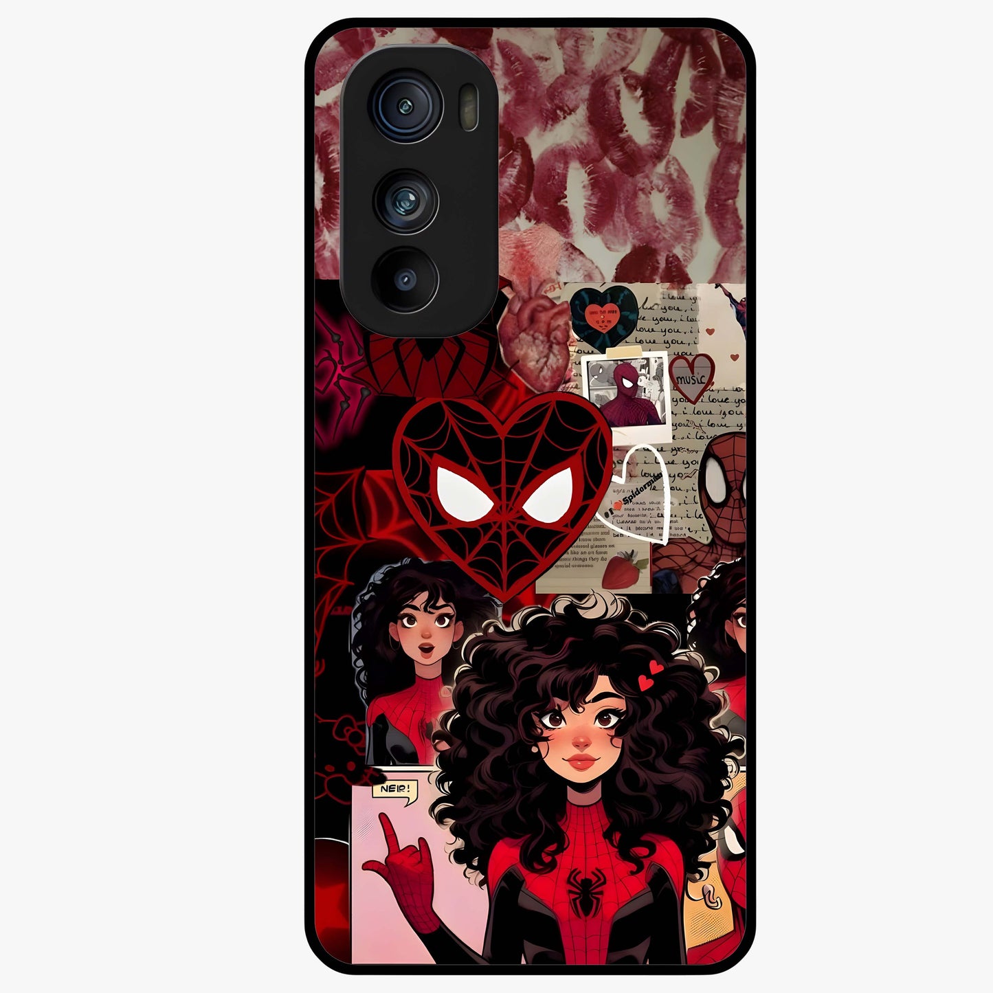 Spider Love Story Glass Case showing flat back view with romantic superhero themed artwork and glossy glass finish.