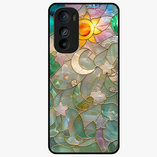 Stained Sunrise Glow Glass Case showing flat back view with glowing sunrise stained pattern artwork and glossy glass finish.