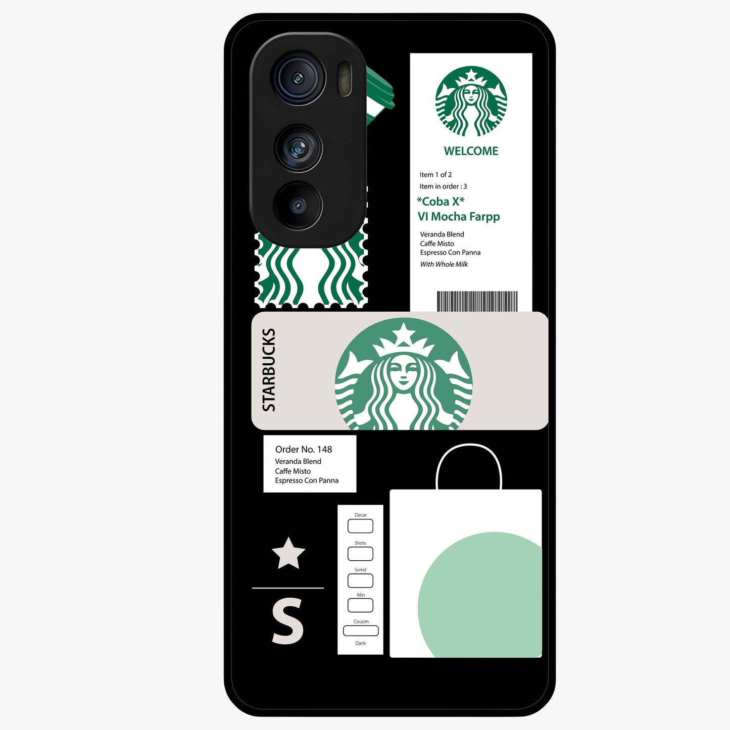 Starbucks Mocha Glass Case showing flat back view with coffee inspired artwork and glossy glass finish.