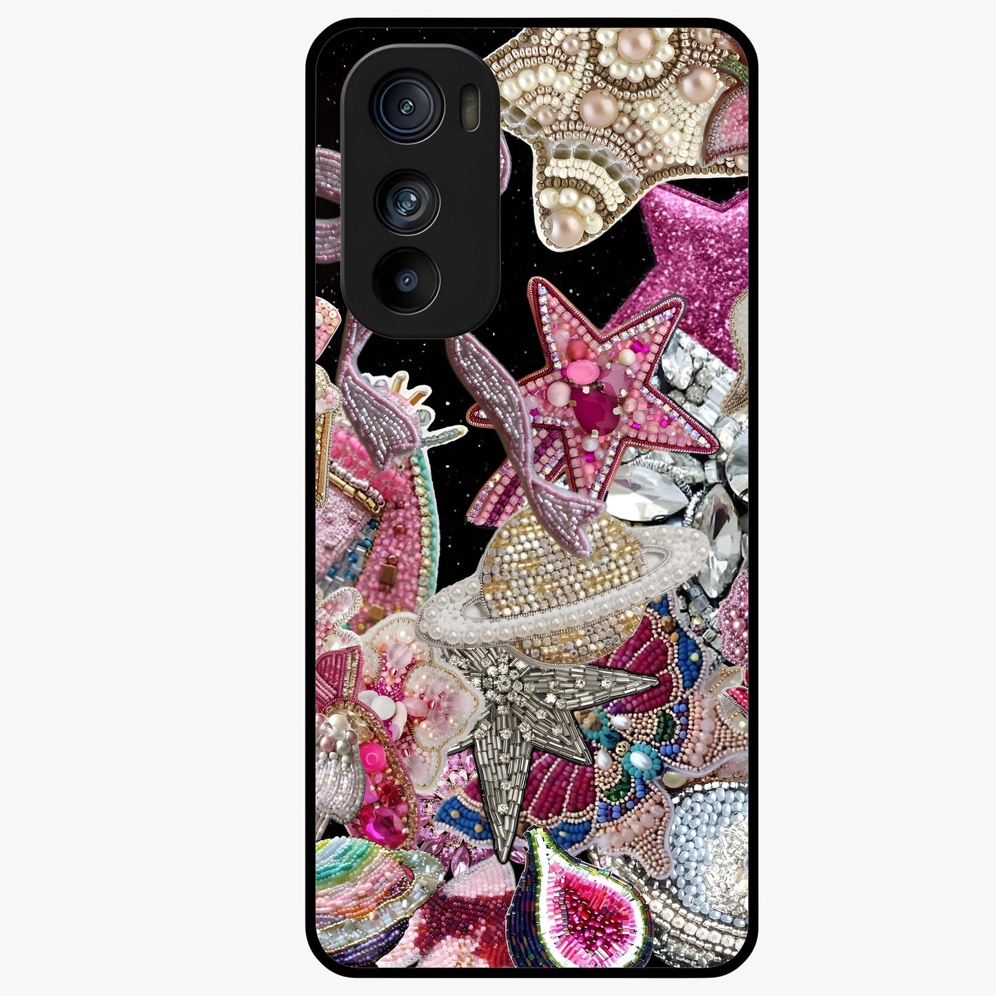 Starlit Jewel Dream Glass Case showing flat back view with sparkling jewel and star themed artwork and glossy glass finish.