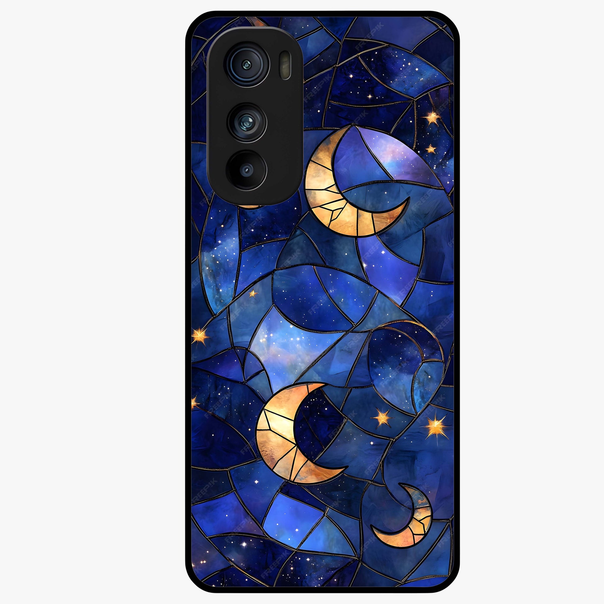 Starlit Sky Tapestry Glass Case showing flat back view with decorative starry sky tapestry artwork and glossy glass finish.