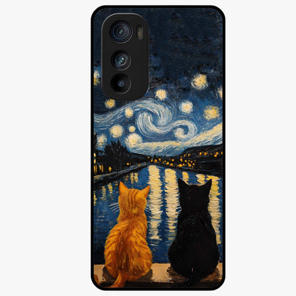 Starry River Cats Glass Case showing flat back view with cats by a starry river artwork and glossy glass finish.