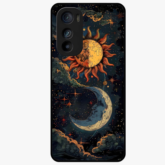 Sun And Moon Magic Design Glass Case showing flat back view with mystical sun and moon artwork and glossy glass finish.