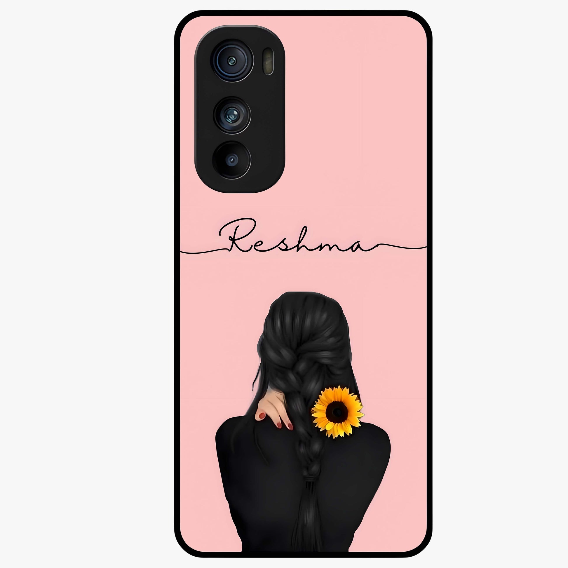 Sunflower Braid Beauty With Custom Name Glass Case showing flat back view with sunflower braid artwork and personalized name design.