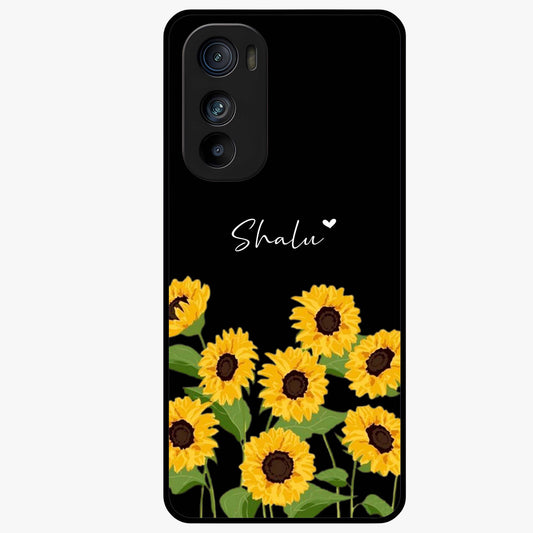 Sunflower Chic Mood Custom Name Glass Case showing flat back view with stylish sunflower artwork and personalized name design.