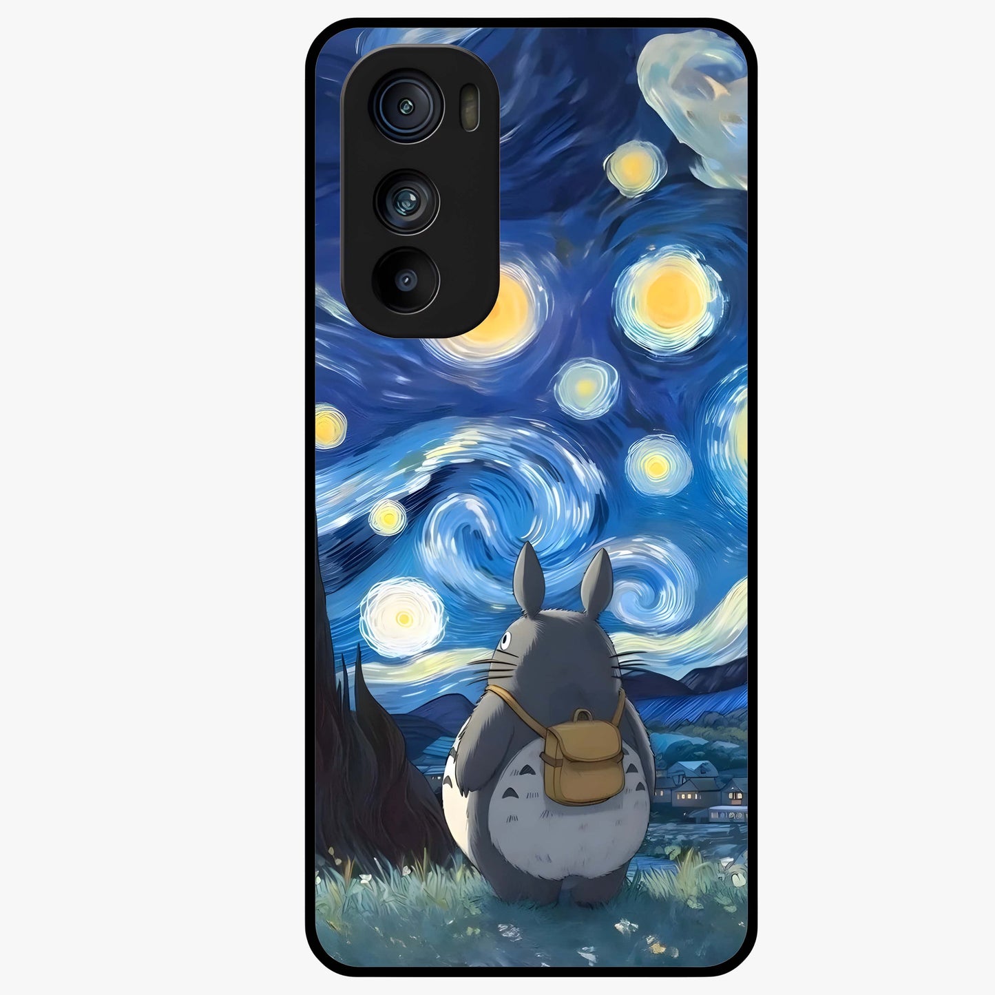 Totoro In Van Gogh Art Glass Case showing flat back view with whimsical character artwork inspired by Van Gogh style and glossy glass finish.