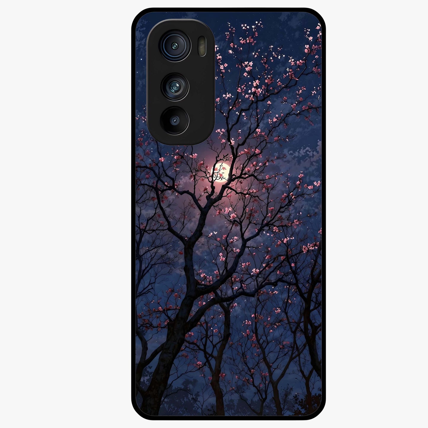 Twilight Sakura Serenade Glass Case showing flat back view with cherry blossom artwork at twilight and glossy glass finish.
