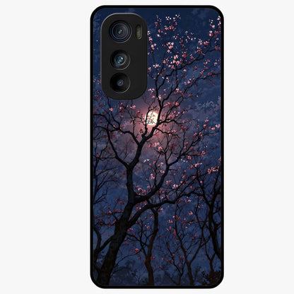 Twilight Sakura Serenade Glass Case showing flat back view with cherry blossom artwork at twilight and glossy glass finish.