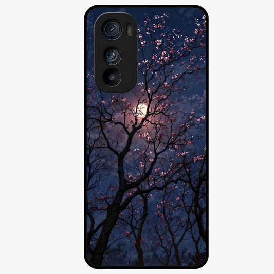 Twilight Sakura Serenade Glass Case showing flat back view with cherry blossom artwork at twilight and glossy glass finish.