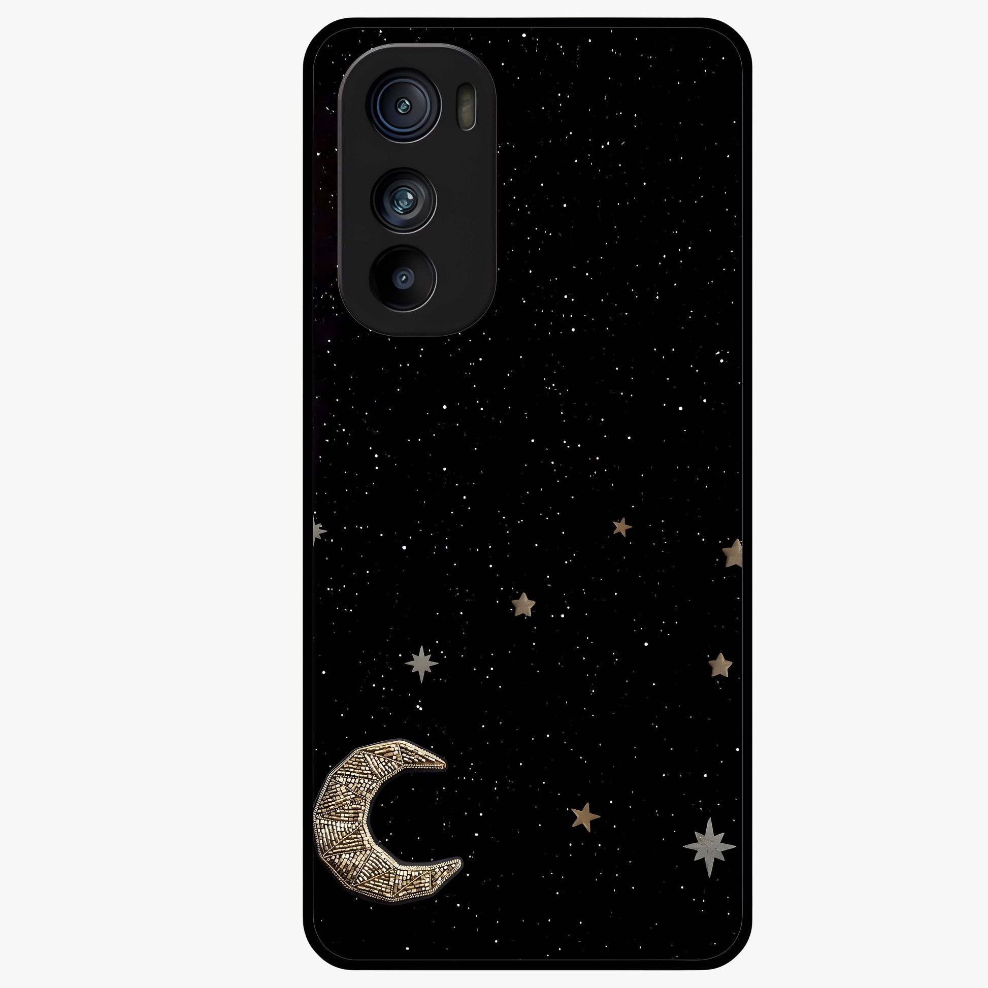 Twinkle Star With Half Moon Glass Case showing flat back view with star and half moon artwork and glossy glass finish.