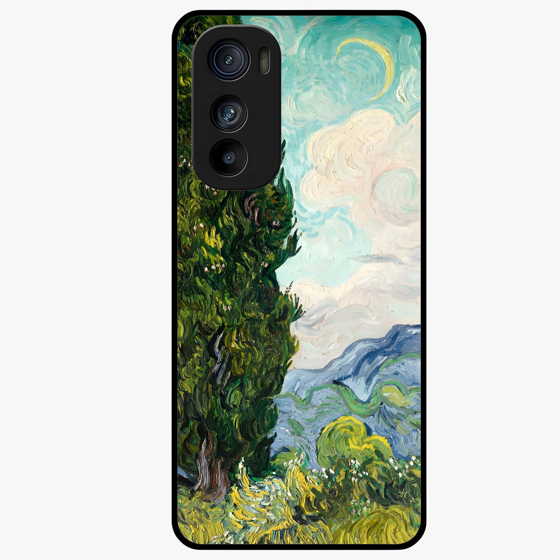 Van Gogh Vintage Art Glass Case showing flat back view with vintage painterly artwork inspired by Van Gogh style and glossy glass finish.