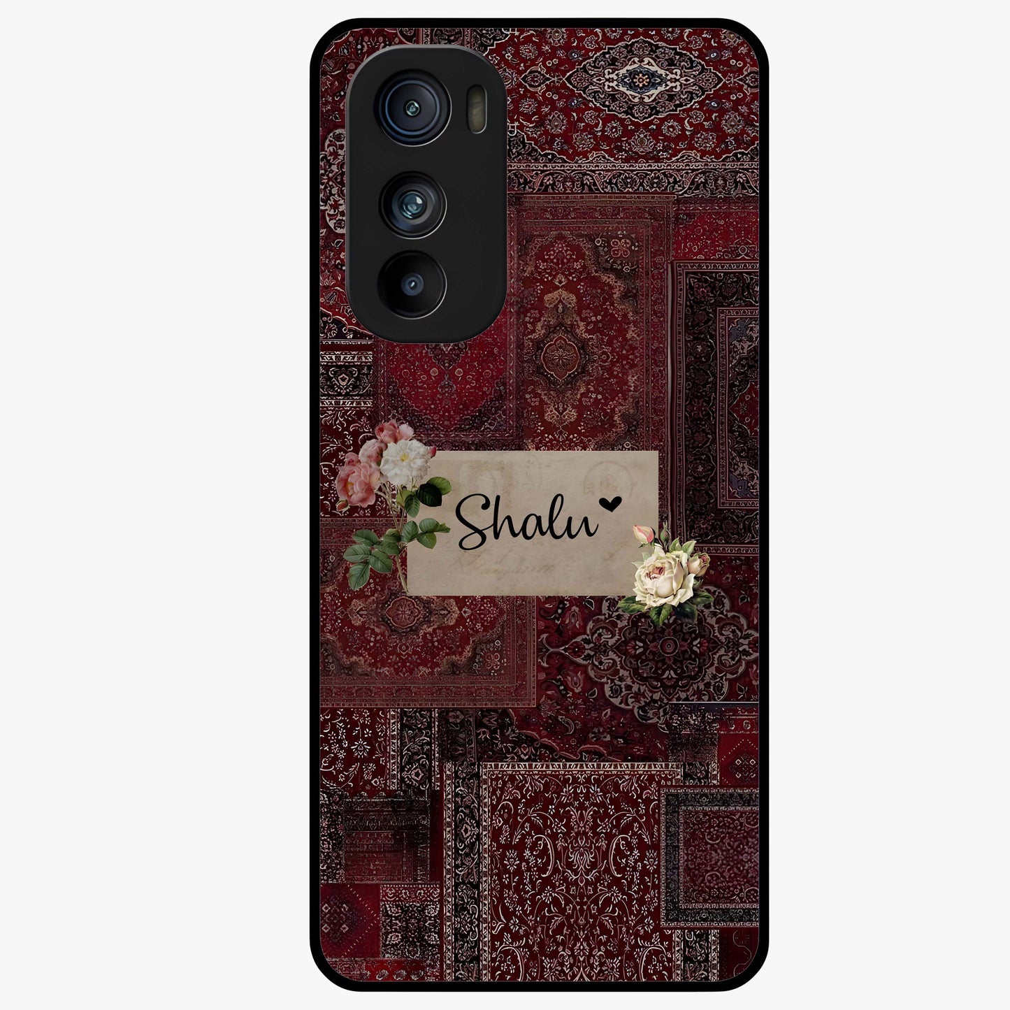 Velvet Wine Pattern Custom Name Glass Case showing flat back view with elegant wine colored pattern artwork and personalized name design.