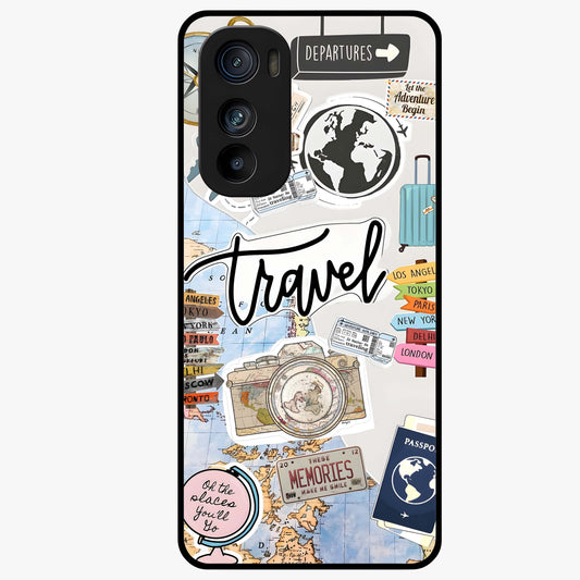 Wanderlust Journal Glass Case showing flat back view with travel inspired artwork and glossy glass finish.