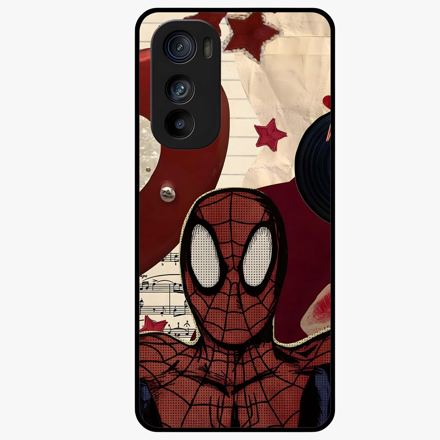 Web Warrior Vibes Glass Case showing flat back view with superhero inspired web themed artwork and glossy glass finish.