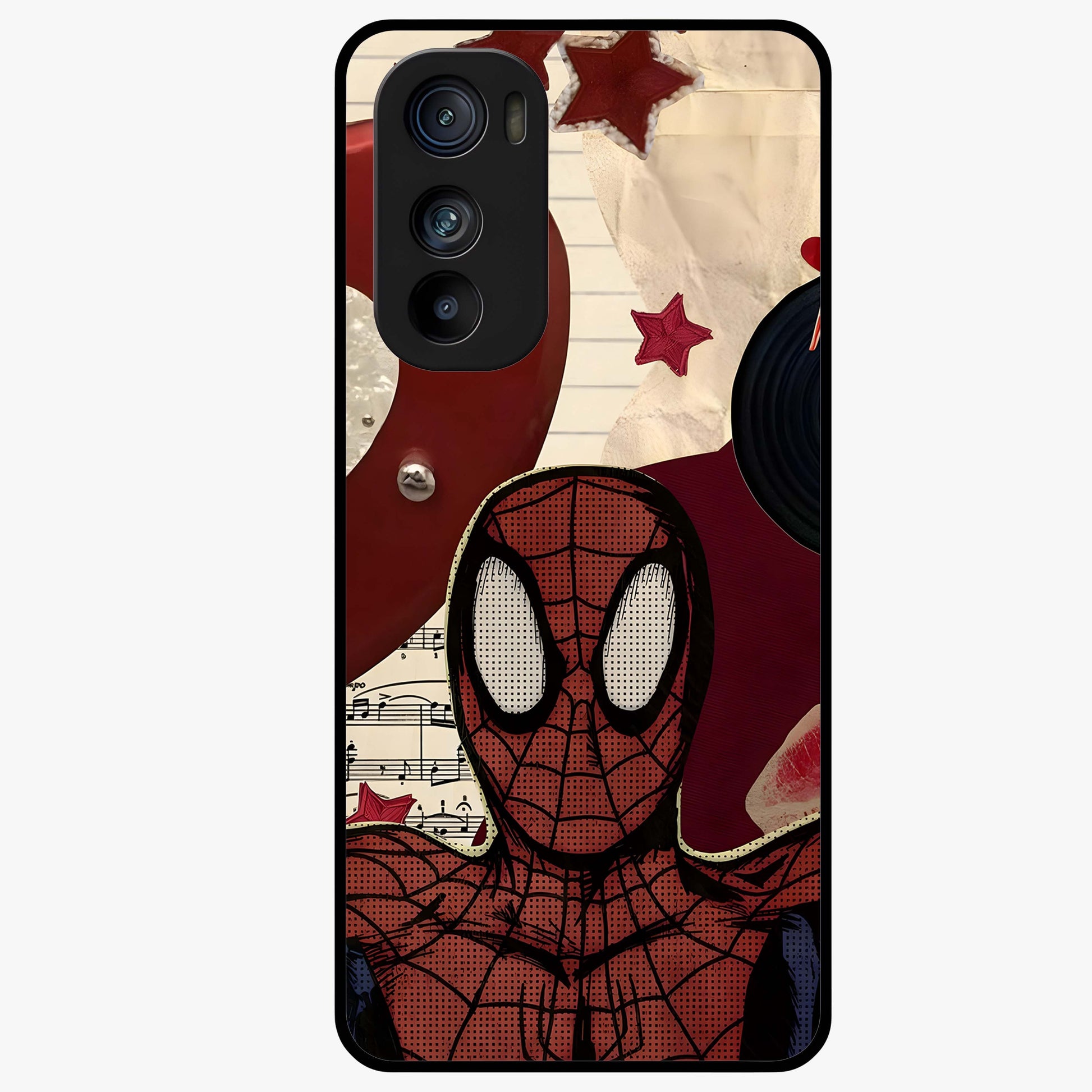 Web Warrior Vibes Glass Case showing flat back view with superhero inspired web themed artwork and glossy glass finish.