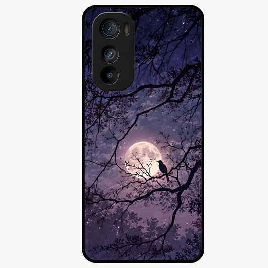Whispering Moon Silence Glass Case showing flat back view with serene moon themed artwork and glossy glass finish.