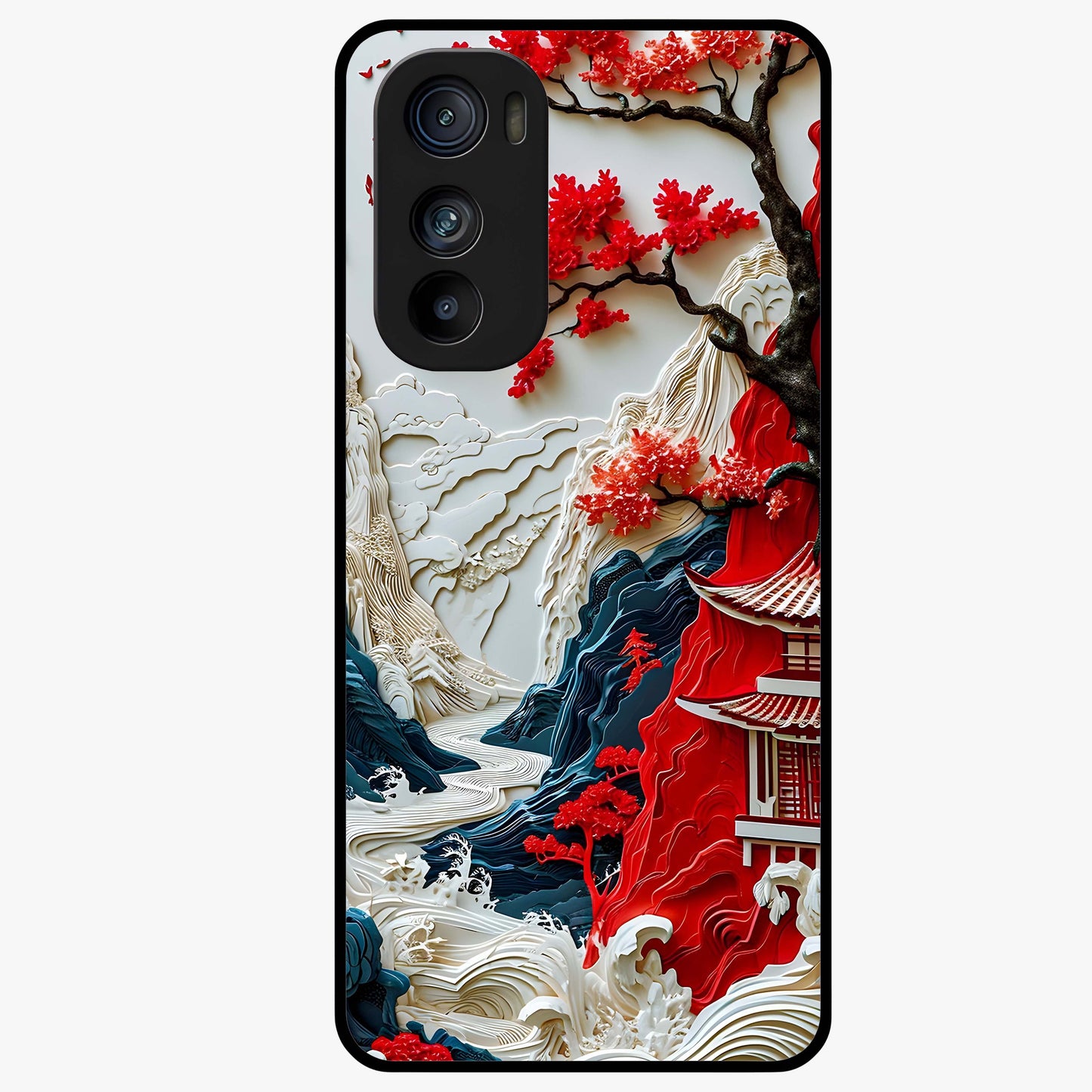 Whispers Of Sakura Waves Glass Case showing flat back view with cherry blossom wave artwork and glossy glass finish.