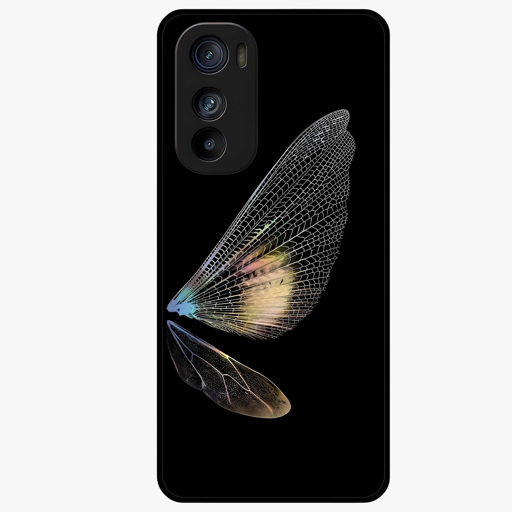 Whispers Of Wings Glass Case showing flat back view with graceful wing inspired artwork and glossy glass finish.