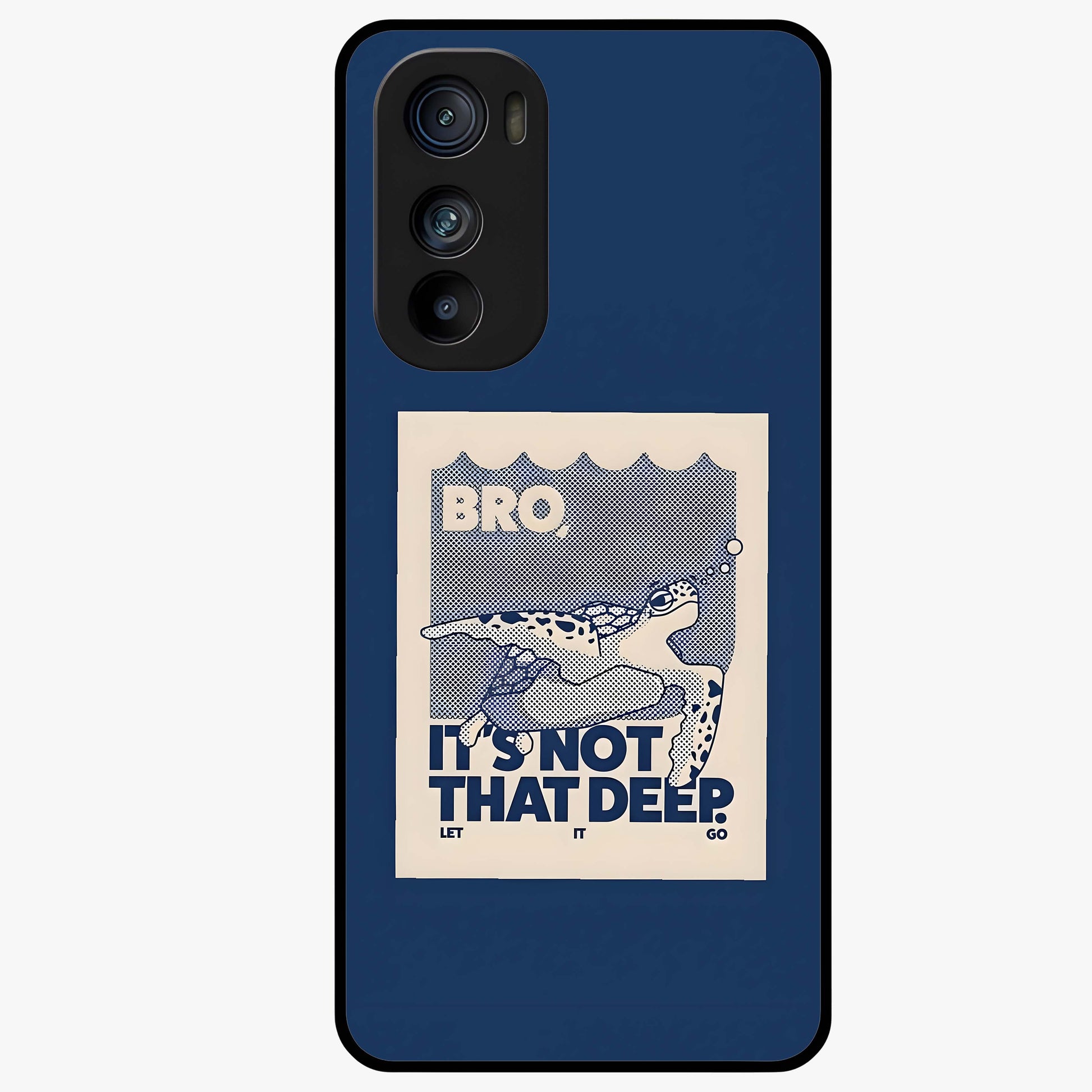 Worry Less Swim Glass Case showing flat back view with playful motivational artwork and glossy glass finish.