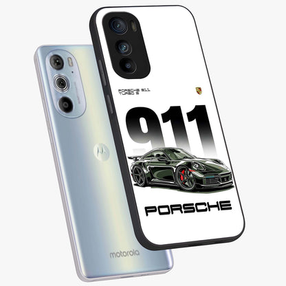 911 Turbo Dominance Glass Case displayed in premium angled mockup highlighting sporty car illustration and sleek glass surface.