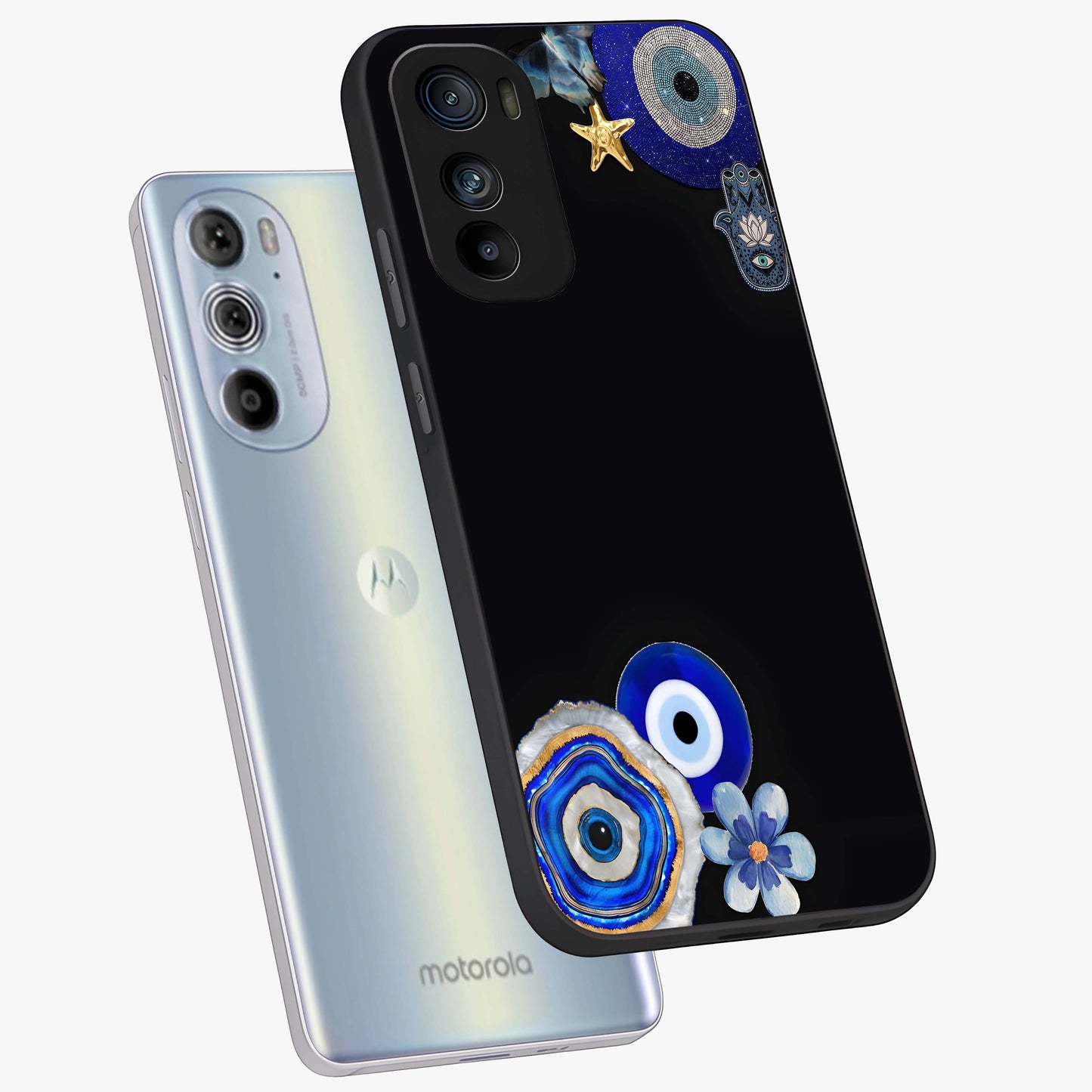 Aesthetic Blue Evil Eye Glass Case displayed in angled mockup highlighting blue evil eye symbol and spiritual aesthetic design.