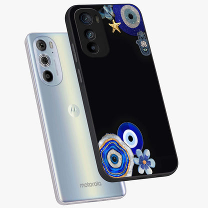 Aesthetic Blue Evil Eye Glass Case displayed in angled mockup highlighting blue evil eye symbol and spiritual aesthetic design.