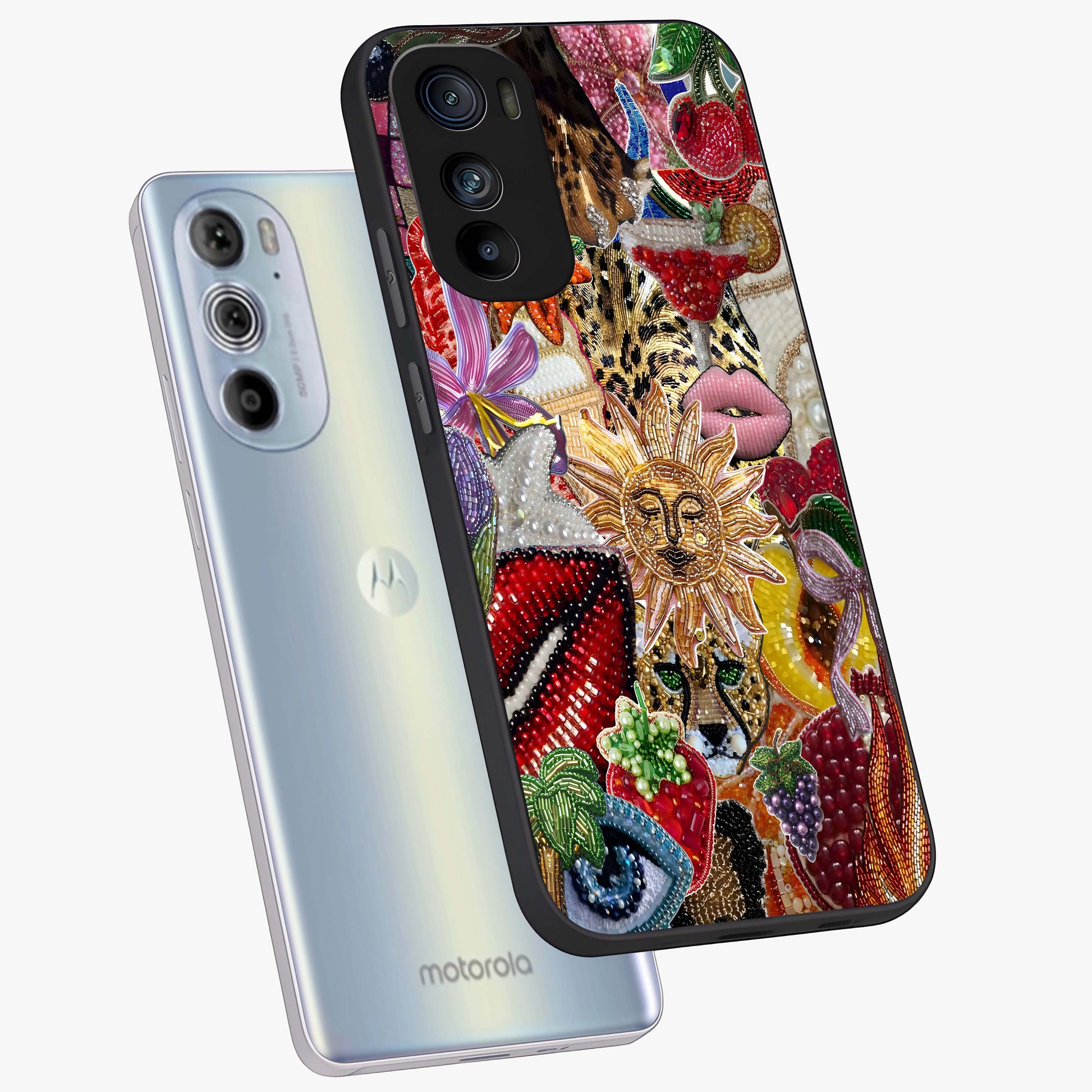 Beaded Fashion Jungle Glass Case displayed in angled mockup highlighting colorful fashion bead design and artistic pattern.