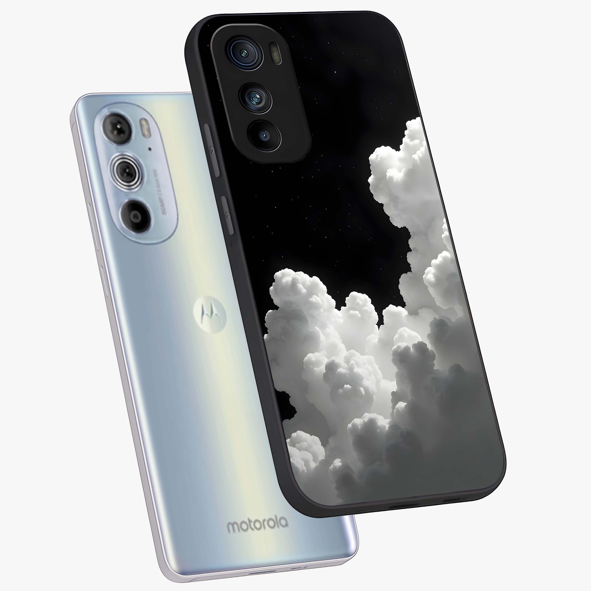 Black Background With White Cloud Glass Case displayed in angled mockup highlighting soft white cloud illustration and minimal design.