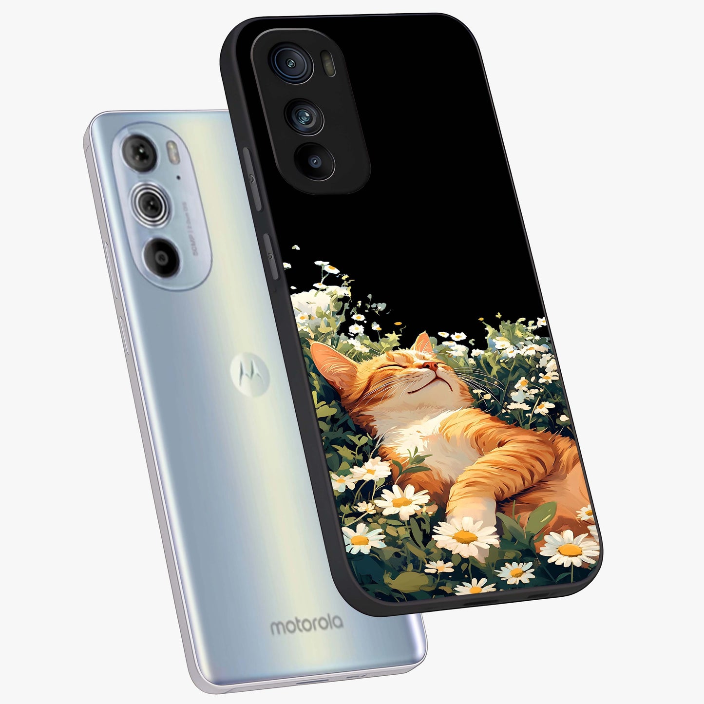 Blissful Bloom Cat Glass Case displayed in angled mockup highlighting playful feline illustration with soft floral aesthetic.