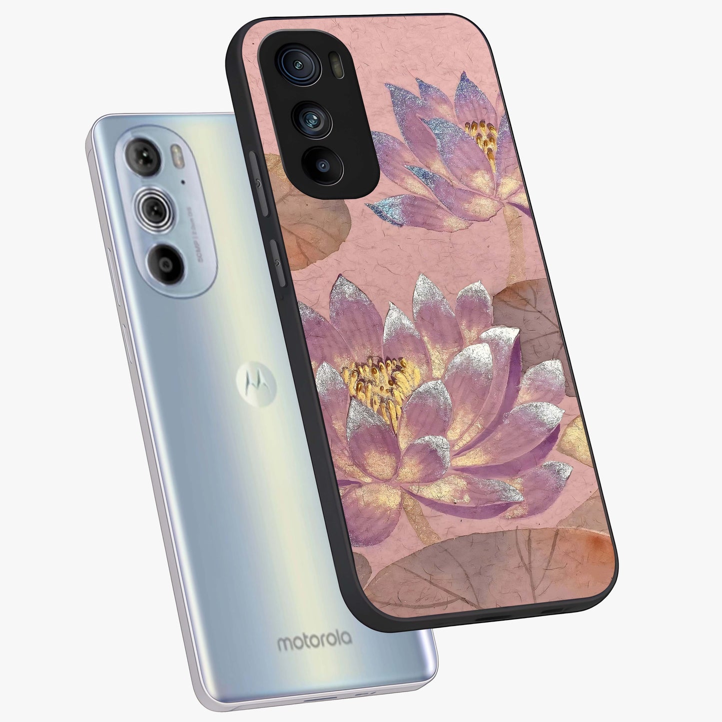 Blossom Mist Lotus Glass Case displayed in angled mockup highlighting delicate lotus illustration with calm aesthetic theme.