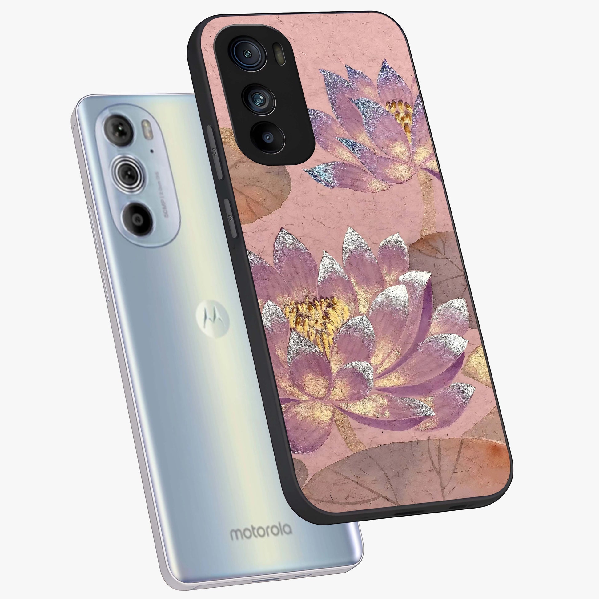 Blossom Mist Lotus Glass Case displayed in angled mockup highlighting delicate lotus illustration with calm aesthetic theme.