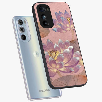 Blossom Mist Lotus Glass Case displayed in angled mockup highlighting delicate lotus illustration with calm aesthetic theme.