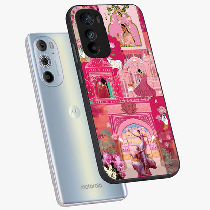 Blossoms of Rajasthan Glass Case displayed in angled mockup highlighting vibrant floral pattern with cultural aesthetic style.