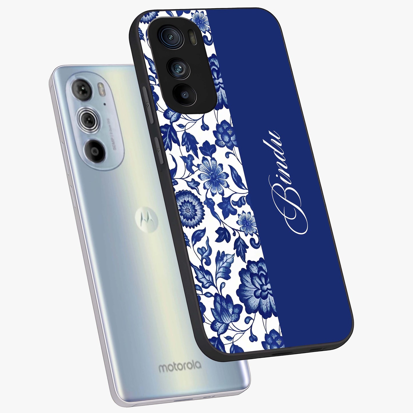 Blue Vintage Floral Pattern Glass Case displayed in angled mockup highlighting subtle bloom pattern with aesthetic pastel design.