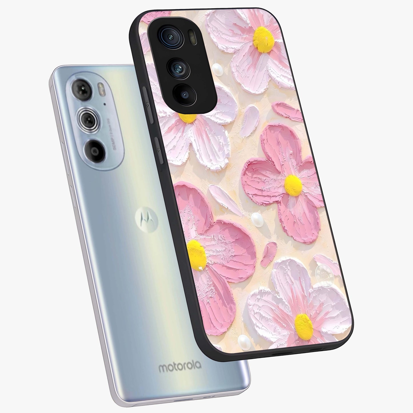 Blush Bloom Texture Glass Case displayed in angled mockup highlighting subtle bloom pattern with aesthetic pastel design.
