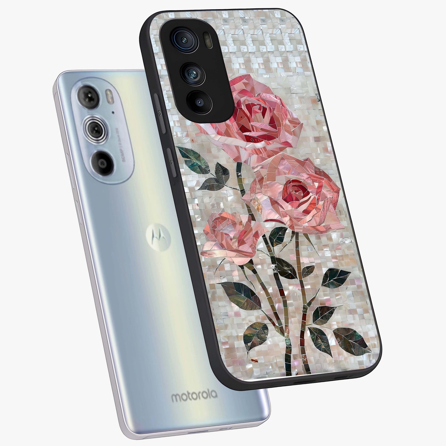 Blush Mosaic Bloom Glass Case displayed in angled mockup highlighting artistic mosaic flower pattern with aesthetic design.