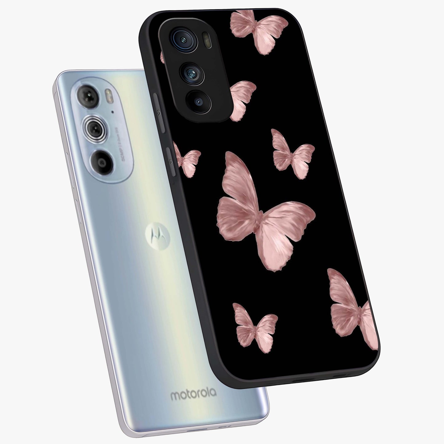 Butterfly Pattern Glass Case displayed in angled mockup highlighting delicate butterfly design and aesthetic pattern style.
