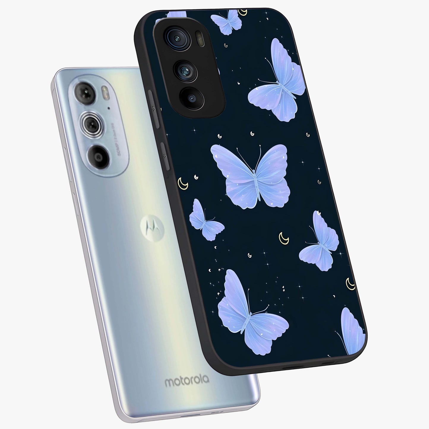 Butterfly With Stars Pattern Glass Case displayed in angled mockup highlighting dreamy butterfly and star design with aesthetic theme.