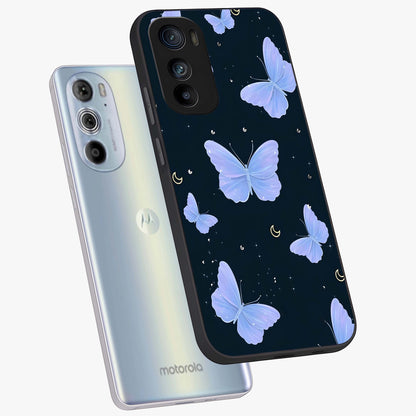 Butterfly With Stars Pattern Glass Case displayed in angled mockup highlighting dreamy butterfly and star design with aesthetic theme.