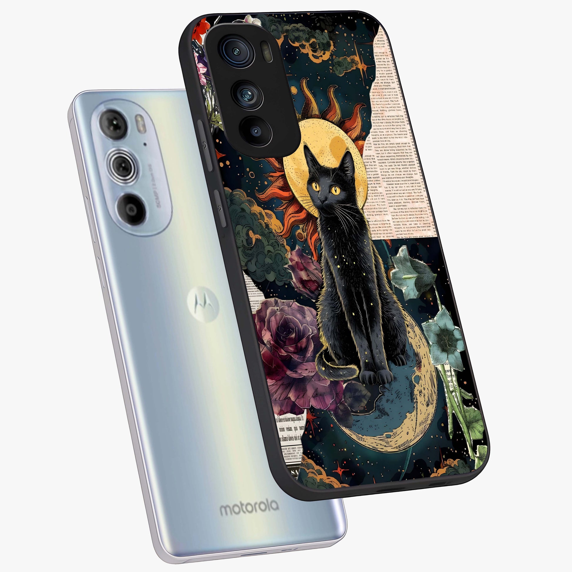 Celestial Black Cat Glass Case displayed in angled mockup highlighting cosmic black cat design with celestial aesthetic.