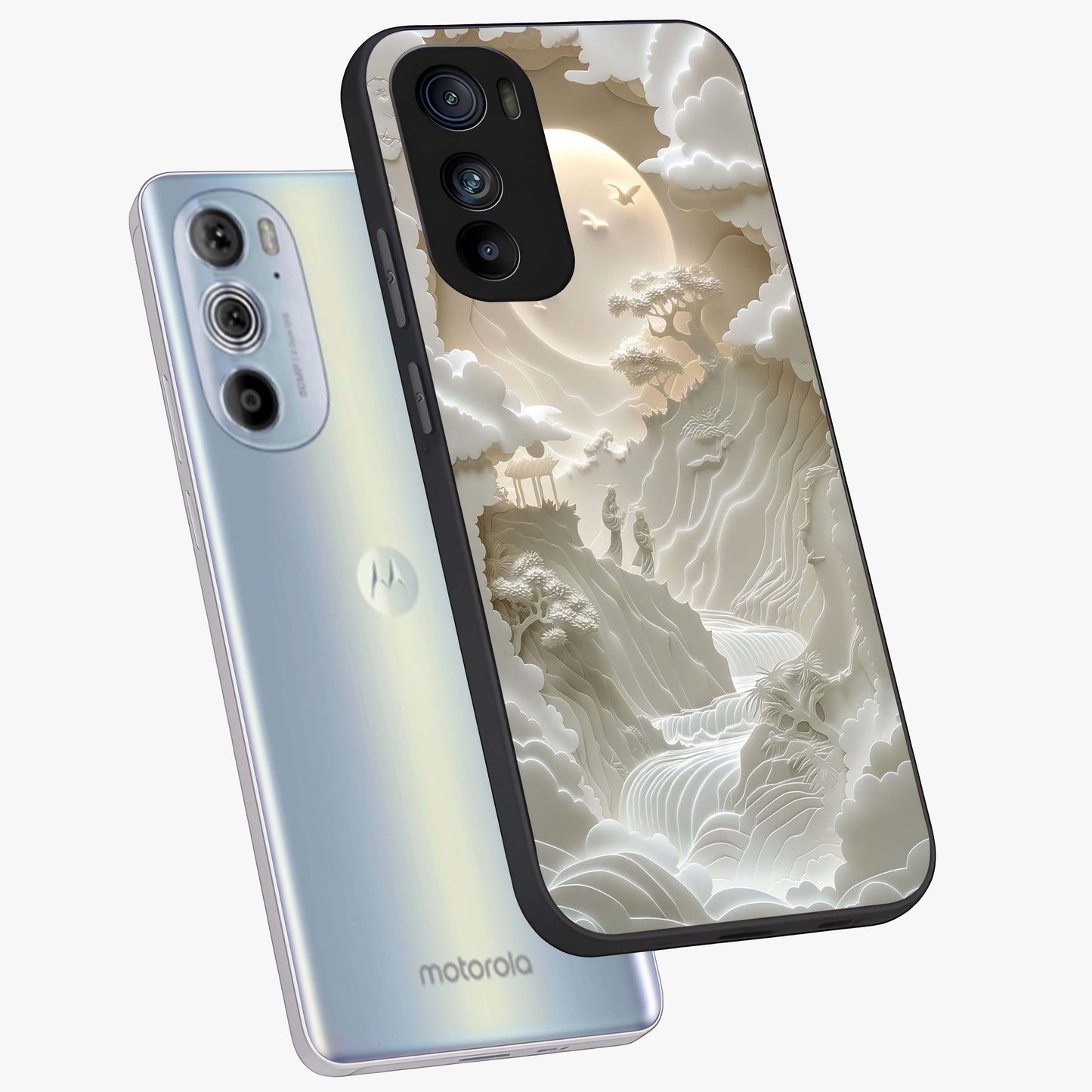 Celestial Origami Glass Case displayed in angled mockup highlighting geometric origami design with cosmic aesthetic theme.