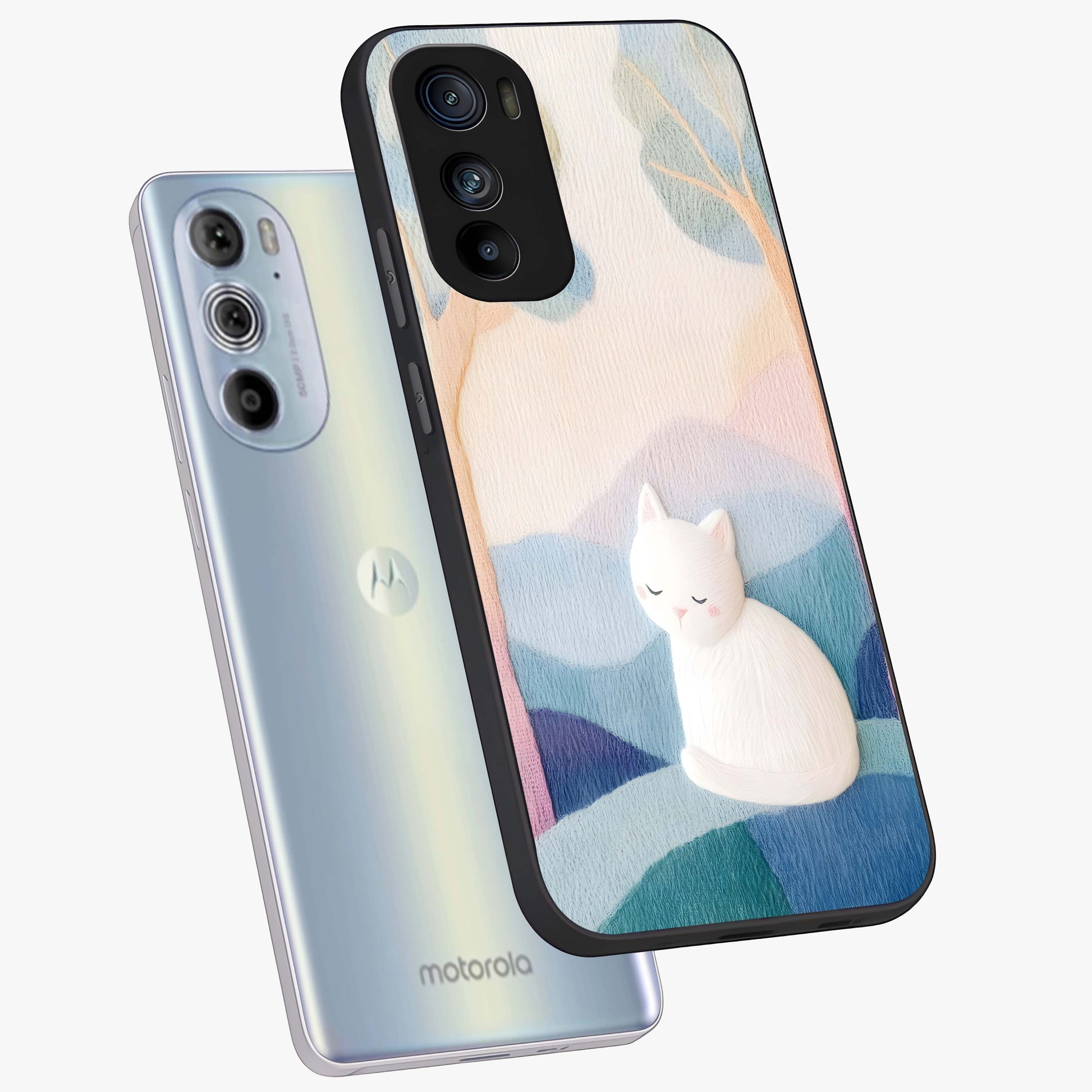 Cotton Dream Cat Glass Case displayed in angled mockup highlighting cute feline illustration with pastel aesthetic style.