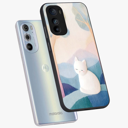 Cotton Dream Cat Glass Case displayed in angled mockup highlighting cute feline illustration with pastel aesthetic style.